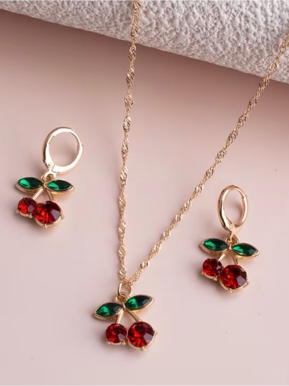 Gold Cherry Pendant Necklace and Earring Set with Red and Green Stones